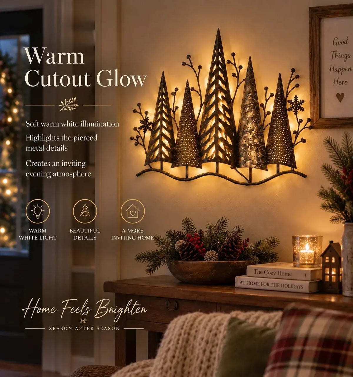 🎄🕯️ Podsvietená kovová nástenná dekorácia s lesným motívom a vintage inšpiráciou 🌙